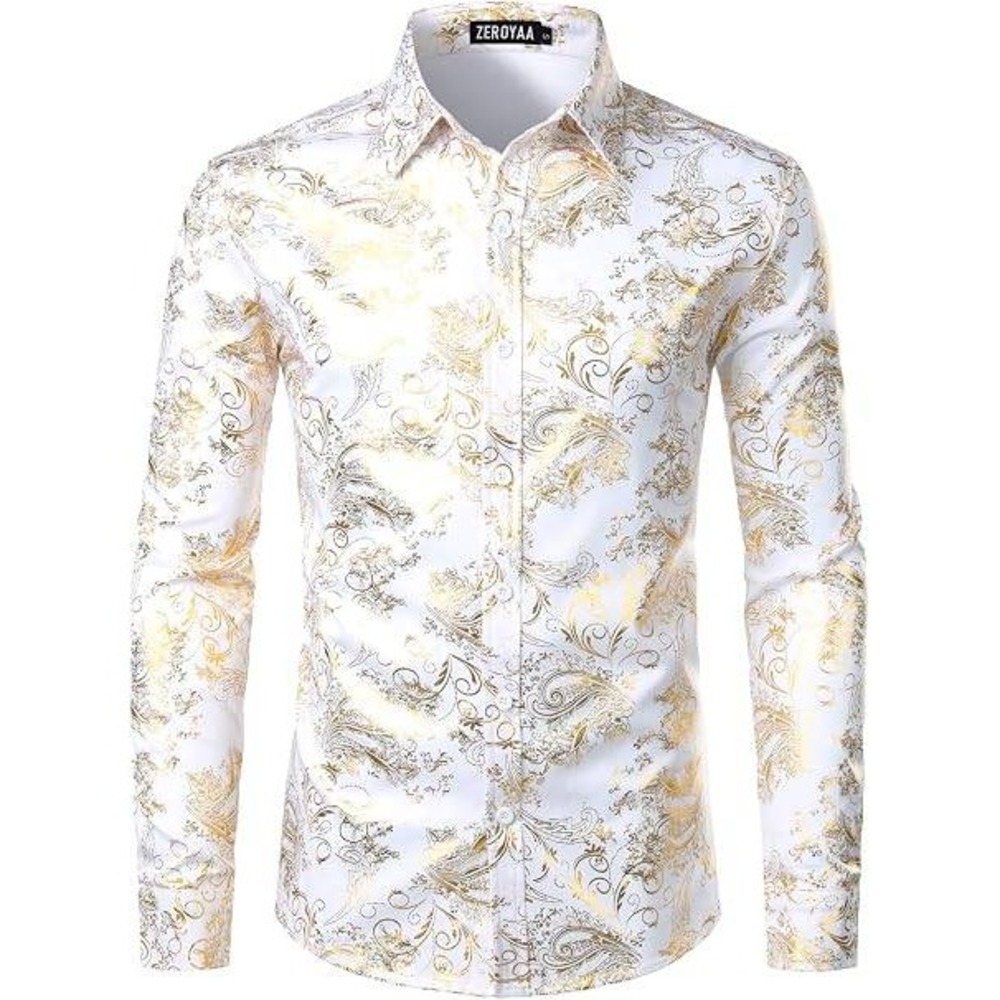 ZEROYAA Button Down Shirt Men Size Medium White Gold Luxury Paisley Floral Print